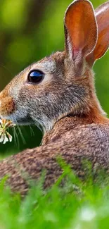 Cute rabbit sitting in green grass with a flower.