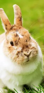 Adorable brown and white rabbit on green grass.