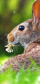 Cute rabbit holding a flower in green meadow.