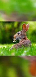 Cute rabbit sitting in green grass, holding a small flower.