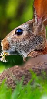 Cute rabbit chewing on grass in vibrant meadow.