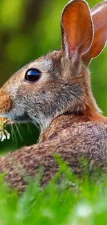 A cute rabbit sitting in lush green grass with a flower.