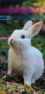 White rabbit sitting on grass surrounded by greenery.