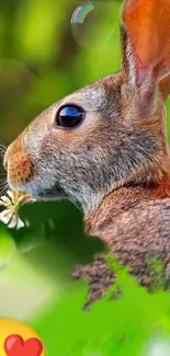 Adorable rabbit munching flowers in a lush green setting.