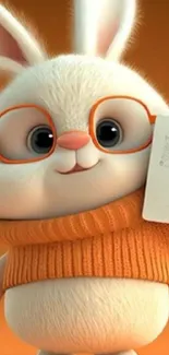 Cute rabbit with glasses in an orange sweater holding a note.