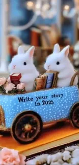 Two white rabbits in a whimsical car with books, inspiring 2025 writing.