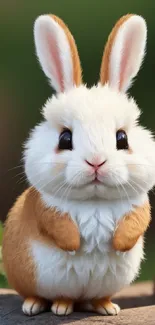 Cute brown and white bunny on a rock in a green forest background.