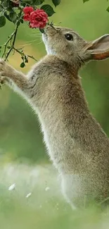 Cute rabbit reaching for red flowers in a green nature setting.