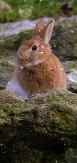 Adorable rabbit sitting on rocky terrain with green background.