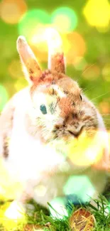 Cute brown and white bunny sitting on vibrant green grass.