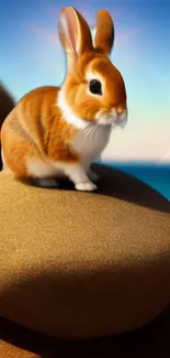 Cute rabbit perched on a large rock with a serene beach backdrop.