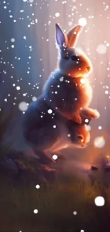 Cute rabbit in a snowy forest with magical lighting and serene atmosphere.