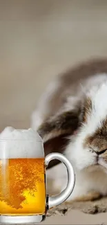 Cute rabbit with a frothy beer mug on a beige background.