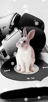 Cute rabbit with earphones on device.