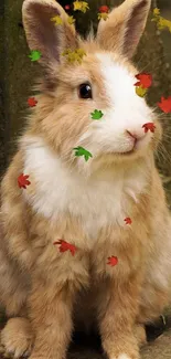 Cute rabbit with colorful leaves in autumn setting.