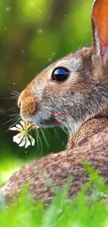 Cute rabbit with a flower in green background wallpaper.