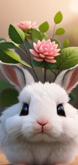 Adorable white rabbit with pink flowers on a serene background.