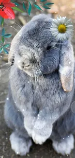 Gray rabbit with flowers mobile wallpaper.