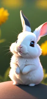 Fluffy white rabbit with yellow flowers in a sunny meadow.