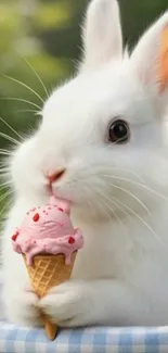 White rabbit enjoying a pink ice cream cone.