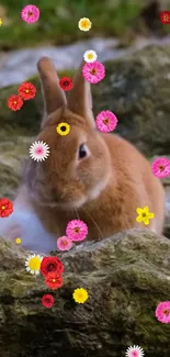 Cute rabbit surrounded by vibrant spring flowers on a natural background.