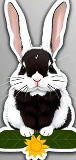 A cute black and white rabbit sticker with a sunflower on a gray mobile wallpaper.