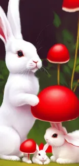 White rabbits with red mushrooms in a forest setting.