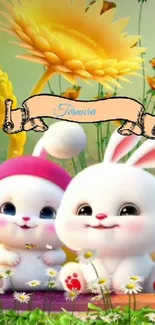 Cute animated rabbits in a colorful flower garden wallpaper.