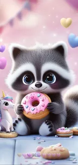 Cute raccoon with a donut and a unicorn in a whimsical fantasy scene.