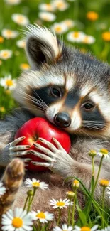 Adorable raccoon with red apple among daisies on a green field.