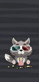 Cartoon raccoon with 3D glasses and popcorn on dark striped background.