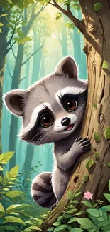 Adorable cartoon raccoon in a lush forest setting peeking from behind a tree.