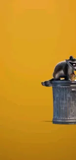 Cartoon raccoon perched on a trash can with a bright yellow background.