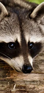 Adorable raccoon resting on a wooden log in a natural forest setting.