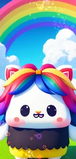 Adorable colorful animal with rainbow hair and sky backdrop.