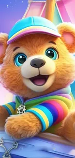 Cute cartoon bear with colorful clothes and hat.