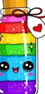 Kawaii rainbow bottle with smiling face art.