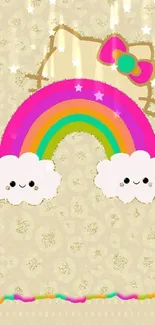 Cute cartoon cat with rainbow and clouds wallpaper.