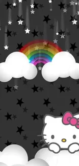 Cute cartoon cat with rainbow and stars on mobile wallpaper.