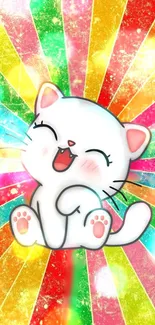 Cute cartoon cat with a rainbow background wallpaper.