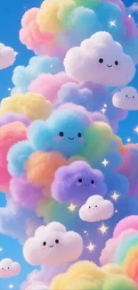 Smiling rainbow clouds in a blue sky.