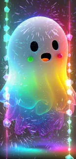 Cute glowing rainbow ghost with vibrant colors.