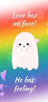 Cute ghost on rainbow background with hearts and stars.