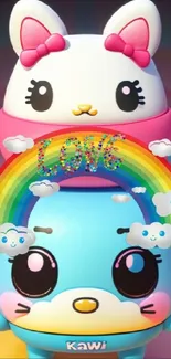 Kawaii characters with rainbow and clouds on a colorful background.