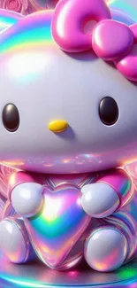 Hello Kitty with rainbow sheen holding a heart, surrounded by pink roses.