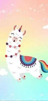 Cute rainbow llama with pastel background clouds.