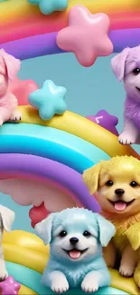 Colorful puppies on a rainbow background with stars and pastel tones.