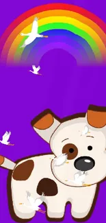 Cartoon dog with rainbow and birds on a purple background.