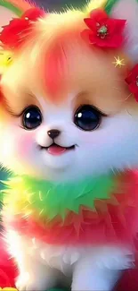 Adorable fluffy puppy with rainbow fur and floral decorations.