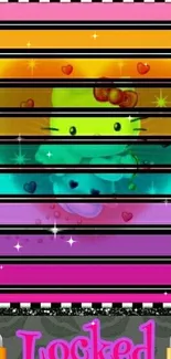 Vibrant cartoon cat with rainbow stripes wallpaper.